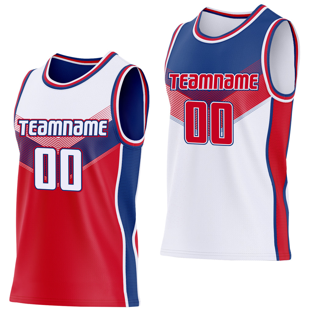 Custom White Red-Royal Side Panel Stripe Geometric V-Cut Color Block Reversible Double Side Sublimation Basketball Set Jersey