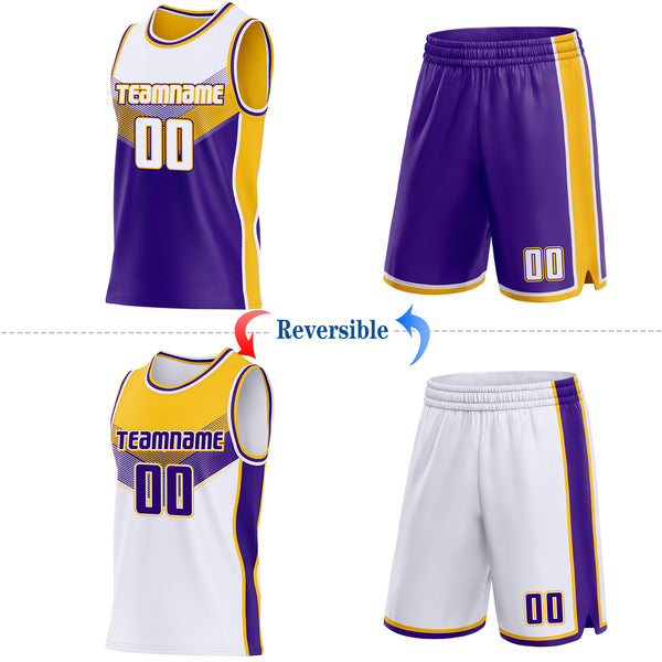 Custom White Purple-Gold Side Panel Stripe Geometric V-Cut Color Block Reversible Double Side Sublimation Basketball Set Jersey