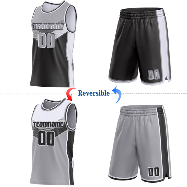 Custom Gray Black-White Side Panel Stripe Geometric V-Cut Color Block Reversible Double Side Sublimation Basketball Set Jersey