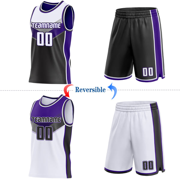 Custom White Black-Purple Side Panel Stripe Geometric V-Cut Color Block Reversible Double Side Sublimation Basketball Set Jersey