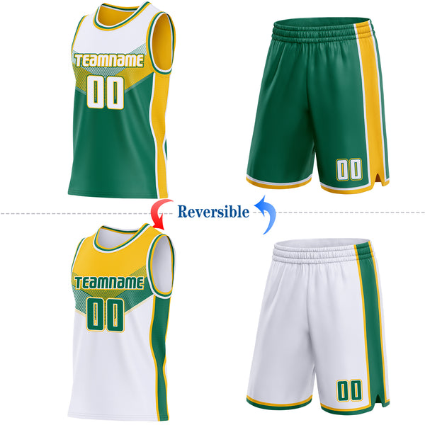 Custom White Kelly Green-Gold Side Panel Stripe Geometric V-Cut Color Block Reversible Double Side Sublimation Basketball Set Jersey