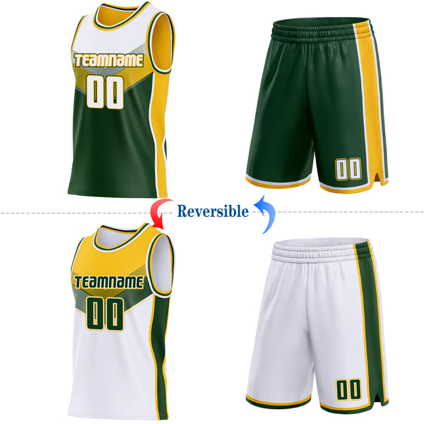 Custom White Green-Gold Side Panel Stripe Geometric V-Cut Color Block Reversible Double Side Sublimation Basketball Set Jersey