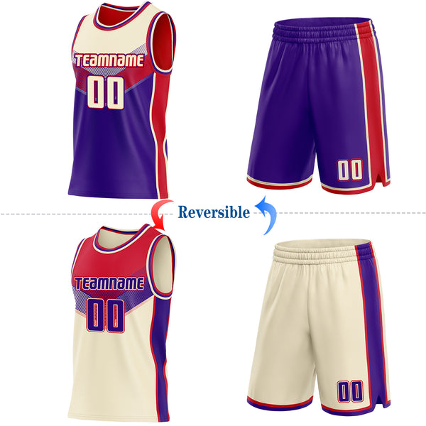 Custom Cream Purple-Red Side Panel Stripe Geometric V-Cut Color Block Reversible Double Side Sublimation Basketball Set Jersey