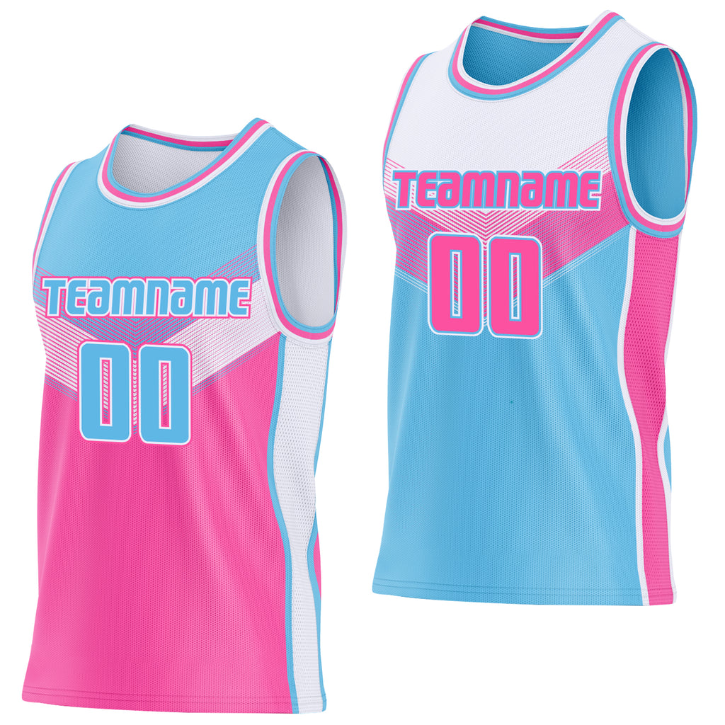 Custom Sky Blue Pink-White Side Panel Stripe Geometric V-Cut Color Block Reversible Double Side Sublimation Basketball Set Jersey