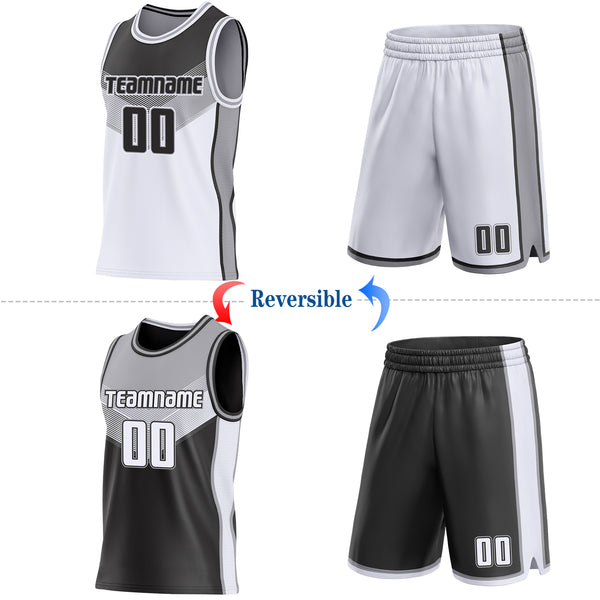 Custom Black White-Gray Side Panel Stripe Geometric V-Cut Color Block Reversible Double Side Sublimation Basketball Set Jersey
