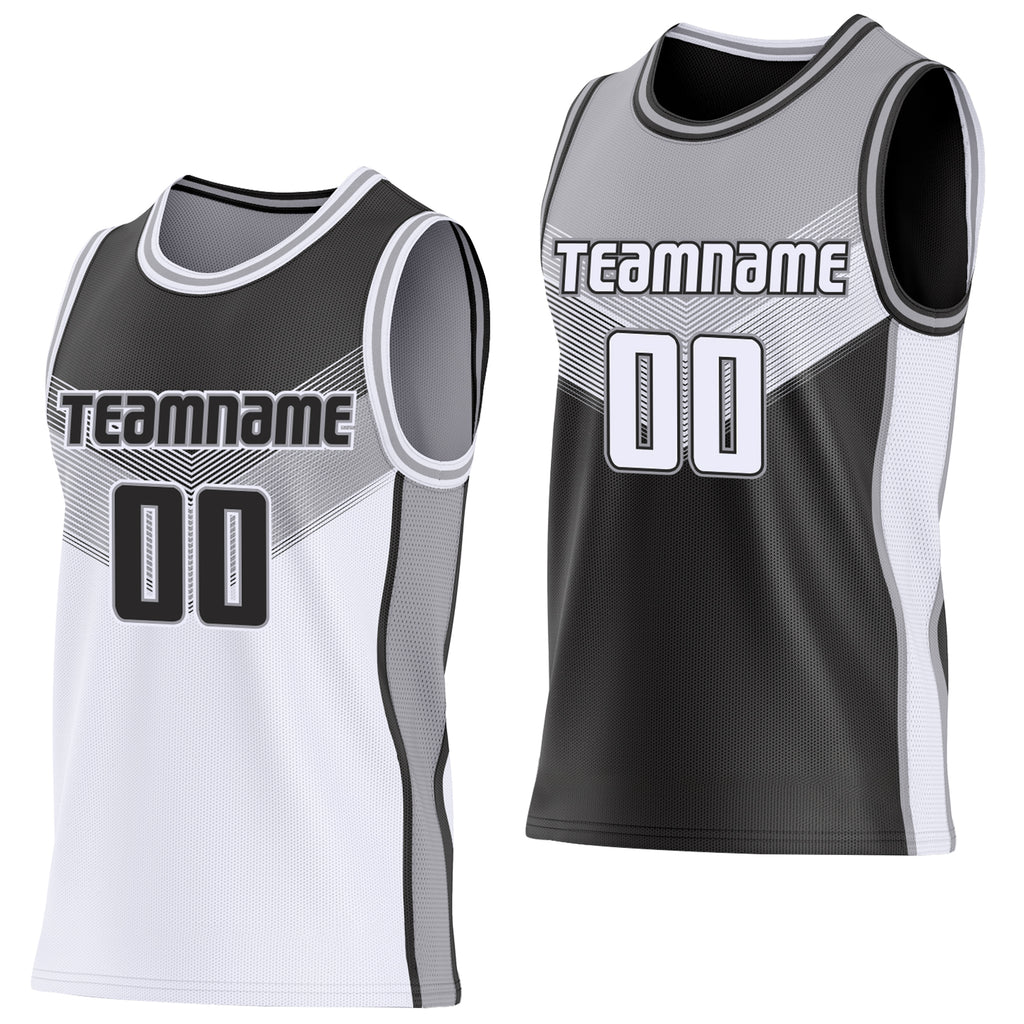 Custom Black White-Gray Side Panel Stripe Geometric V-Cut Color Block Reversible Double Side Sublimation Basketball Set Jersey