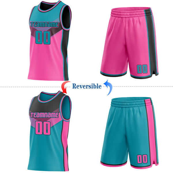 Custom Teal Pink-Black Side Panel Stripe Geometric V-Cut Color Block Reversible Double Side Sublimation Basketball Set Jersey