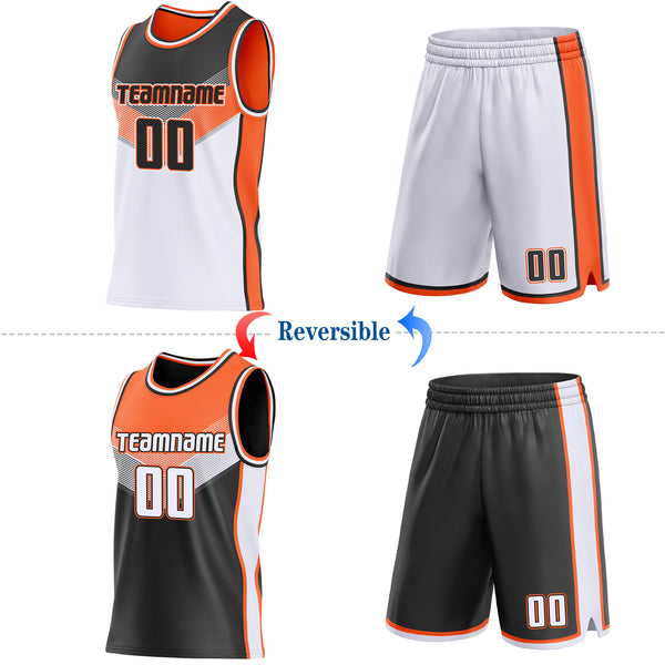 Custom Black White-Orange Side Panel Stripe Geometric V-Cut Color Block Reversible Double Side Sublimation Basketball Set Jersey