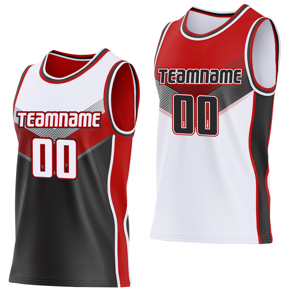 Custom White Black-Red Side Panel Stripe Geometric V-Cut Color Block Reversible Double Side Sublimation Basketball Set Jersey