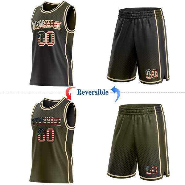 Custom Black Vintage USA Flag Olive-Cream Side Panel Stripe Gradient Geometric Honeycomb Reversible Double Side Sublimation Basketball Set Jersey