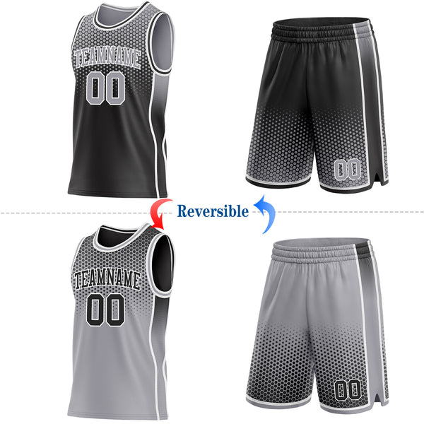 Custom Black Gray-White Side Panel Stripe Gradient Geometric Honeycomb Reversible Double Side Sublimation Basketball Set Jersey