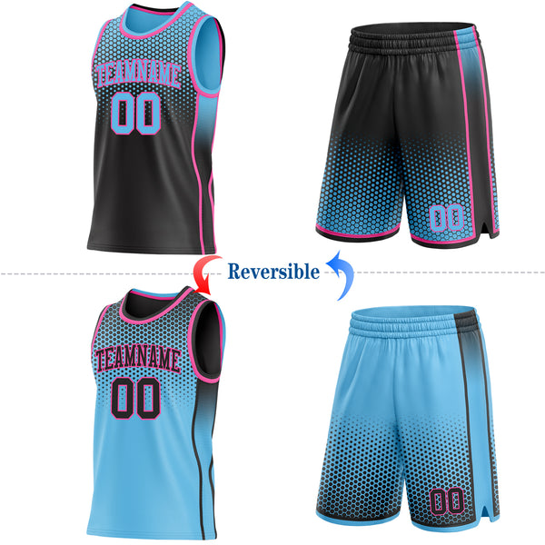 Custom Black Sky Blue-Pink Side Panel Stripe Gradient Geometric Honeycomb Reversible Double Side Sublimation Basketball Set Jersey