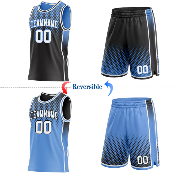 Custom Black White-Light Blue Side Panel Stripe Gradient Geometric Honeycomb Reversible Double Side Sublimation Basketball Set Jersey