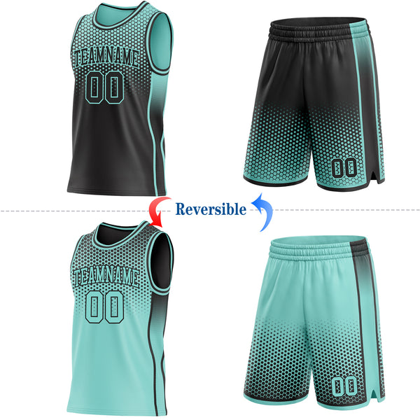 Custom Black-Ice Blue Side Panel Stripe Gradient Geometric Honeycomb Reversible Double Side Sublimation Basketball Set Jersey