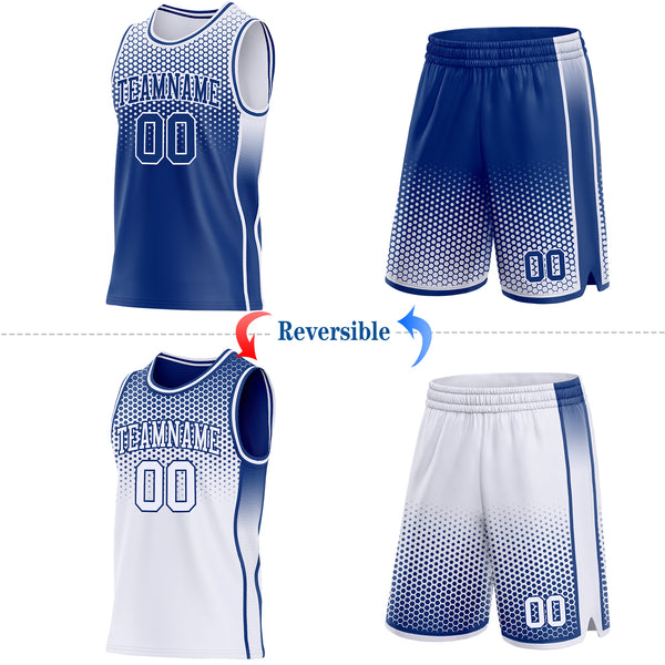 Custom Royal-White Side Panel Stripe Gradient Geometric Honeycomb Reversible Double Side Sublimation Basketball Set Jersey