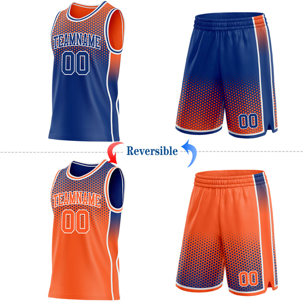 Custom Royal Orange-White Side Panel Stripe Gradient Geometric Honeycomb Reversible Double Side Sublimation Basketball Set Jersey