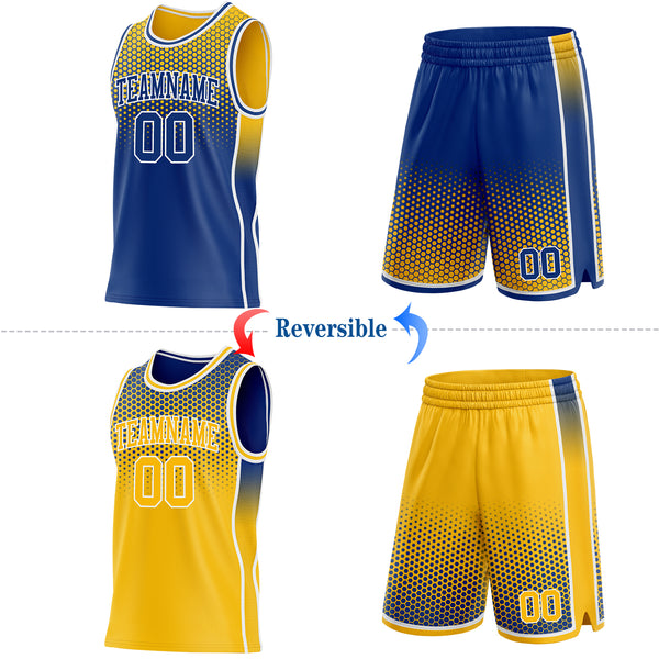 Custom Royal Gold-White Side Panel Stripe Gradient Geometric Honeycomb Reversible Double Side Sublimation Basketball Set Jersey