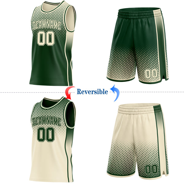 Custom Green-Cream Side Panel Stripe Gradient Geometric Honeycomb Reversible Double Side Sublimation Basketball Set Jersey