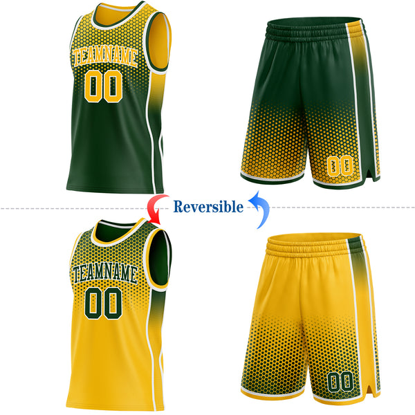 Custom Green Gold-White Side Panel Stripe Gradient Geometric Honeycomb Reversible Double Side Sublimation Basketball Set Jersey