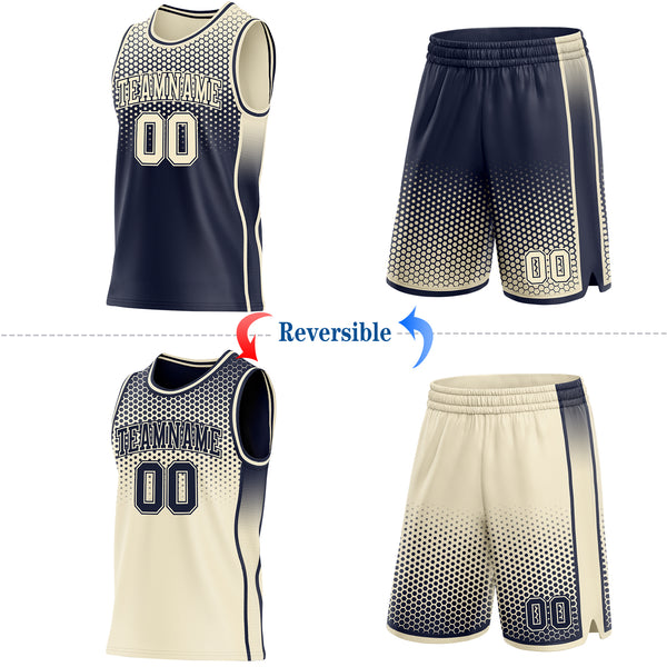Custom Navy-Cream Side Panel Stripe Gradient Geometric Honeycomb Reversible Double Side Sublimation Basketball Set Jersey