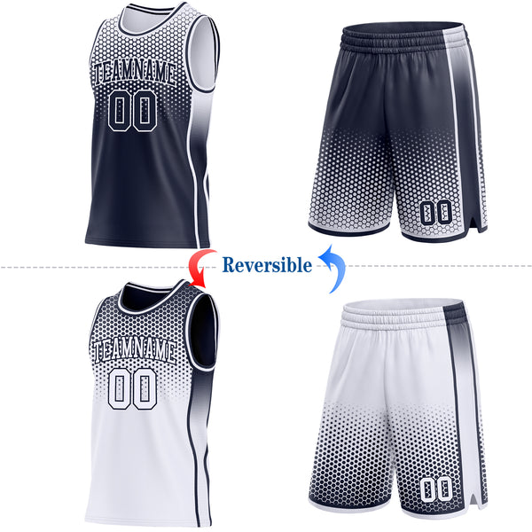 Custom Navy-White Side Panel Stripe Gradient Geometric Honeycomb Reversible Double Side Sublimation Basketball Set Jersey