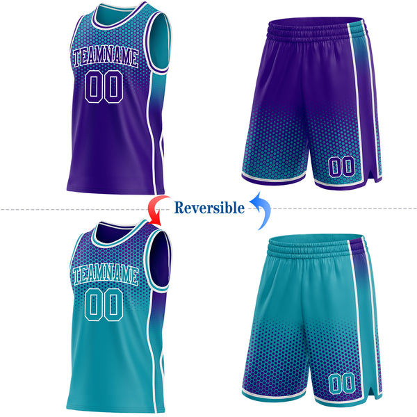 Custom Purple Teal-White Side Panel Stripe Gradient Geometric Honeycomb Reversible Double Side Sublimation Basketball Set Jersey