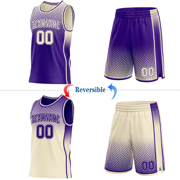 Custom Purple-Cream Side Panel Stripe Gradient Geometric Honeycomb Reversible Double Side Sublimation Basketball Set Jersey
