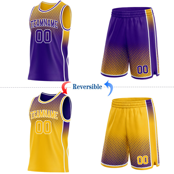 Custom Purple Gold-White Side Panel Stripe Gradient Geometric Honeycomb Reversible Double Side Sublimation Basketball Set Jersey