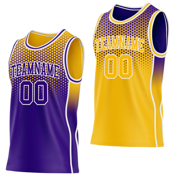 Custom Purple Gold-White Side Panel Stripe Gradient Geometric Honeycomb Reversible Double Side Sublimation Basketball Set Jersey
