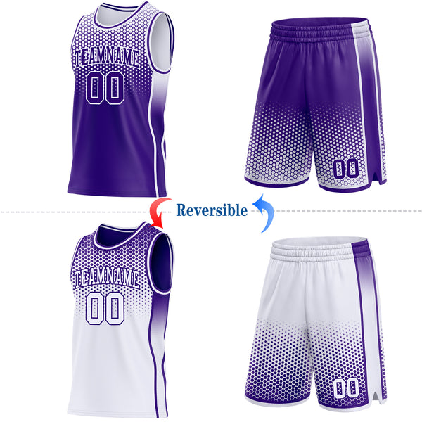 Custom Purple-White Side Panel Stripe Gradient Geometric Honeycomb Reversible Double Side Sublimation Basketball Set Jersey