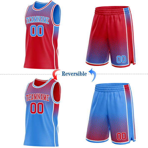 Custom Red Powder Blue-White Side Panel Stripe Gradient Geometric Honeycomb Reversible Double Side Sublimation Basketball Set Jersey