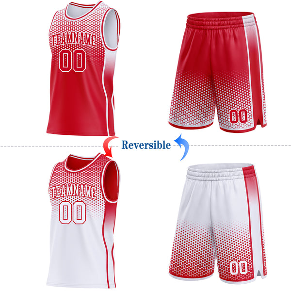 Custom Red-White Side Panel Stripe Gradient Geometric Honeycomb Reversible Double Side Sublimation Basketball Set Jersey