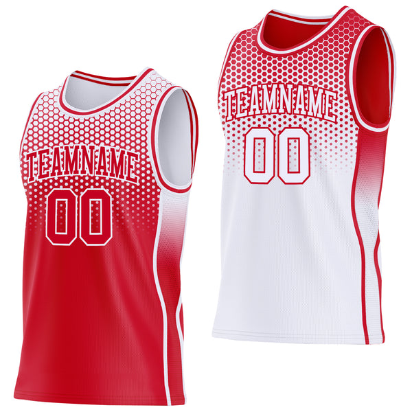 Custom Red-White Side Panel Stripe Gradient Geometric Honeycomb Reversible Double Side Sublimation Basketball Set Jersey
