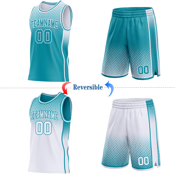 Custom Teal-White Side Panel Stripe Gradient Geometric Honeycomb Reversible Double Side Sublimation Basketball Set Jersey
