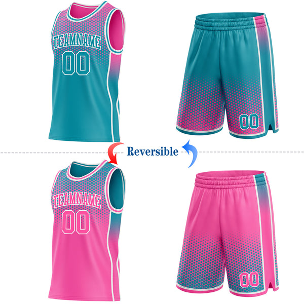 Custom Teal Pink-White Side Panel Stripe Gradient Geometric Honeycomb Reversible Double Side Sublimation Basketball Set Jersey