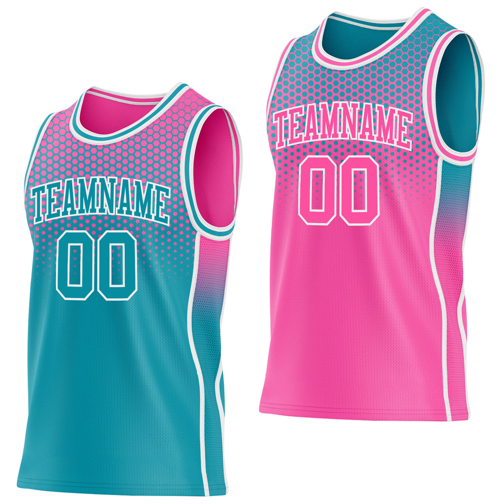 Custom Teal Pink-White Side Panel Stripe Gradient Geometric Honeycomb Reversible Double Side Sublimation Basketball Set Jersey