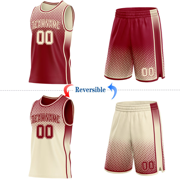 Custom Maroon-Cream Side Panel Stripe Gradient Geometric Honeycomb Reversible Double Side Sublimation Basketball Set Jersey