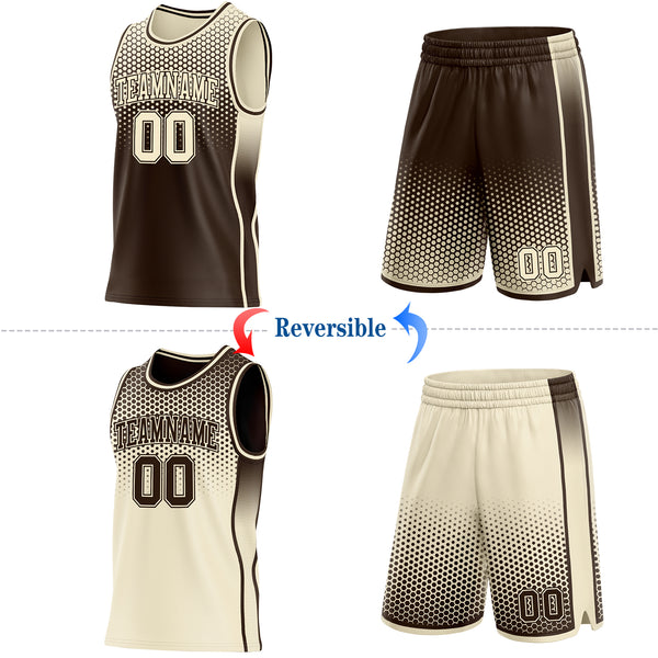 Custom Brown-Cream Side Panel Stripe Gradient Geometric Honeycomb Reversible Double Side Sublimation Basketball Set Jersey