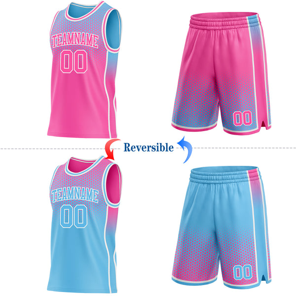 Custom Pink Sky Blue-White Side Panel Stripe Gradient Geometric Honeycomb Reversible Double Side Sublimation Basketball Set Jersey