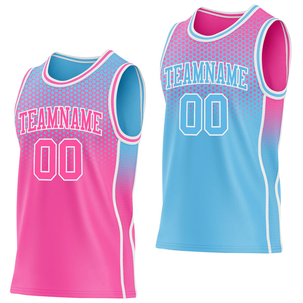 Custom Pink Sky Blue-White Side Panel Stripe Gradient Geometric Honeycomb Reversible Double Side Sublimation Basketball Set Jersey