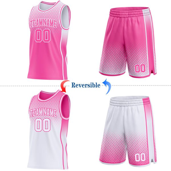Custom Pink-White Side Panel Stripe Gradient Geometric Honeycomb Reversible Double Side Sublimation Basketball Set Jersey