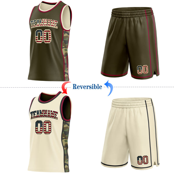 Custom Olive Vintage USA Flag Cream-Maroon Camo Side Panel Stripe Reversible Double Side Sublimation Basketball Set Jersey