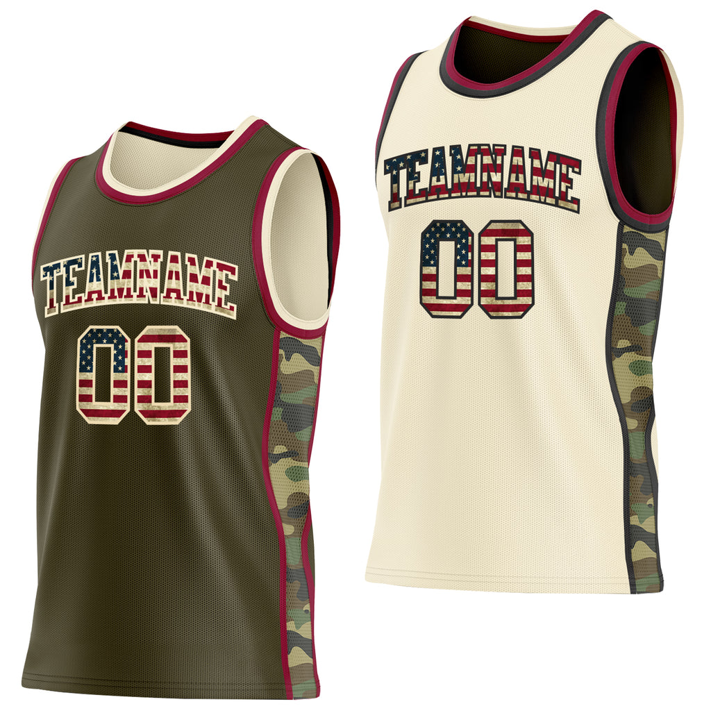 Custom Olive Vintage USA Flag Cream-Maroon Camo Side Panel Stripe Reversible Double Side Sublimation Basketball Set Jersey