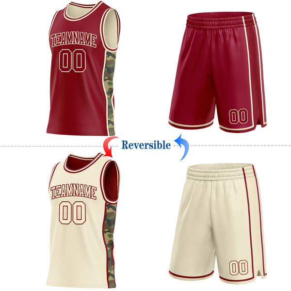 Custom Maroon-Cream Camo Side Panel Stripe Reversible Double Side Sublimation Basketball Set Jersey