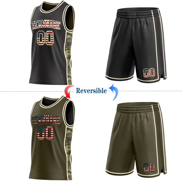 Custom Black(Olive) Vintage USA Flag-Cream Camo Side Panel Stripe Reversible Double Side Sublimation Basketball Set Jersey