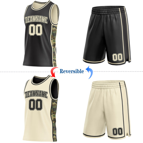 Custom Black-Cream Camo Side Panel Stripe Reversible Double Side Sublimation Basketball Set Jersey