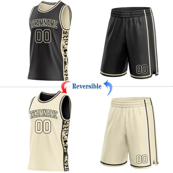 Custom Black-Cream Digital Camo Side Panel Stripe Reversible Double Side Sublimation Basketball Set Jersey