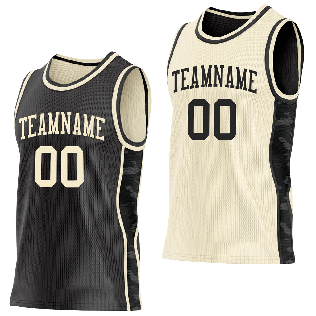 Custom Black-Cream Camo Side Panel Stripe Reversible Double Side Sublimation Basketball Set Jersey