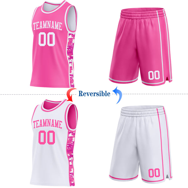 Custom Pink-White Camo Side Panel Stripe Reversible Double Side Sublimation Basketball Set Jersey
