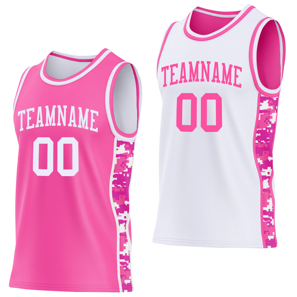 Custom Pink-White Camo Side Panel Stripe Reversible Double Side Sublimation Basketball Set Jersey